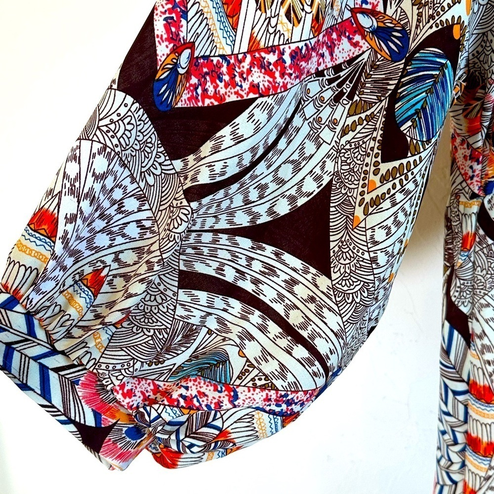 Umgee Tan/Multicolor Bohemian Print Bishop Sleeves Dress with Tassle Ties Sz L - Picture 6 of 14